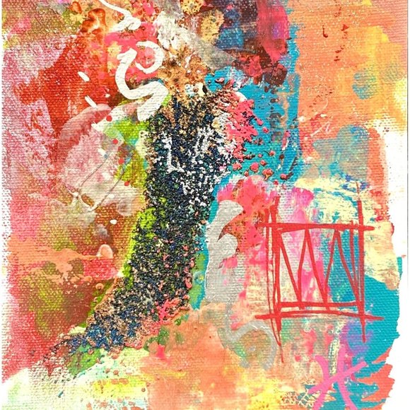 Scripting 2 - Original Wall Art Liquid Oil Paint & Marker Signed Painting 6”x8” - Picture 1 of 10